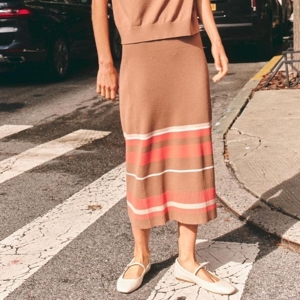 Cartolina Nantucket Avril Midi Skirt Women's Size XS Camel Resort Knit Stripe‎